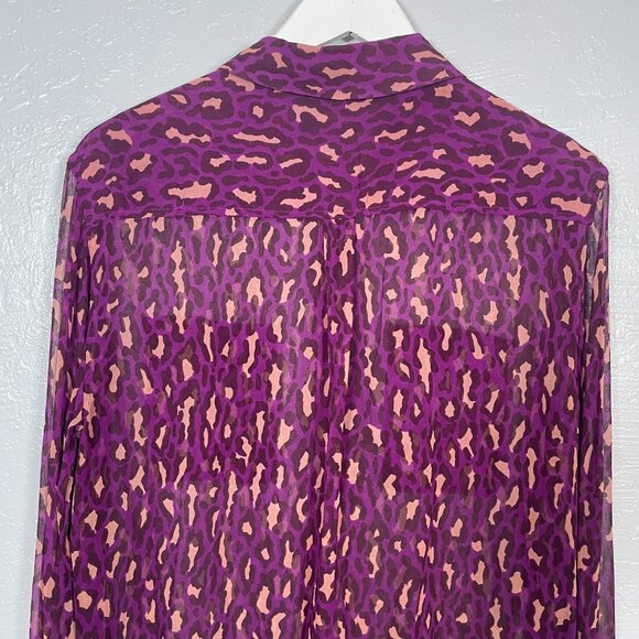 Equipment Femme Women L Purple Tan Animal Print Blouse Silk Sheer Button Front - Picture 9 of 10